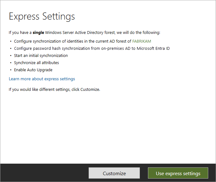 Screenshot that shows the Express Settings page in Microsoft Entra Connect.