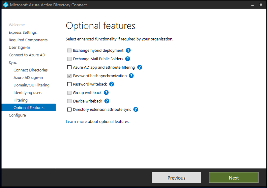 Screenshot of the "Optional features" page in Microsoft Entra Connect