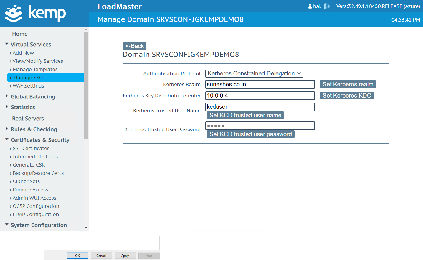 Screenshot that shows the "Manage S S O - Manage Domain" page.