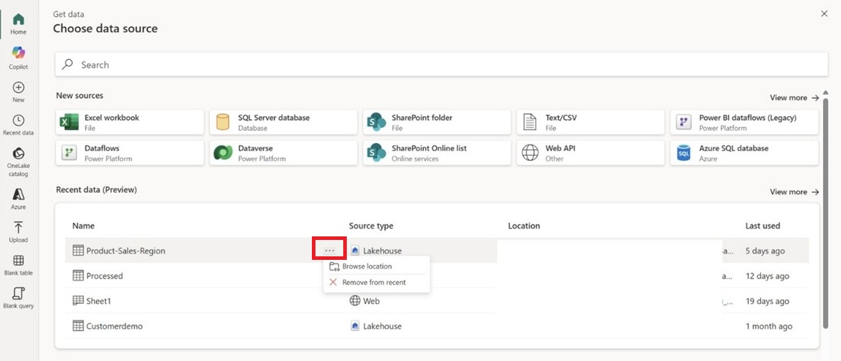 Screenshot of accessing recent data inside Modern Get Data.