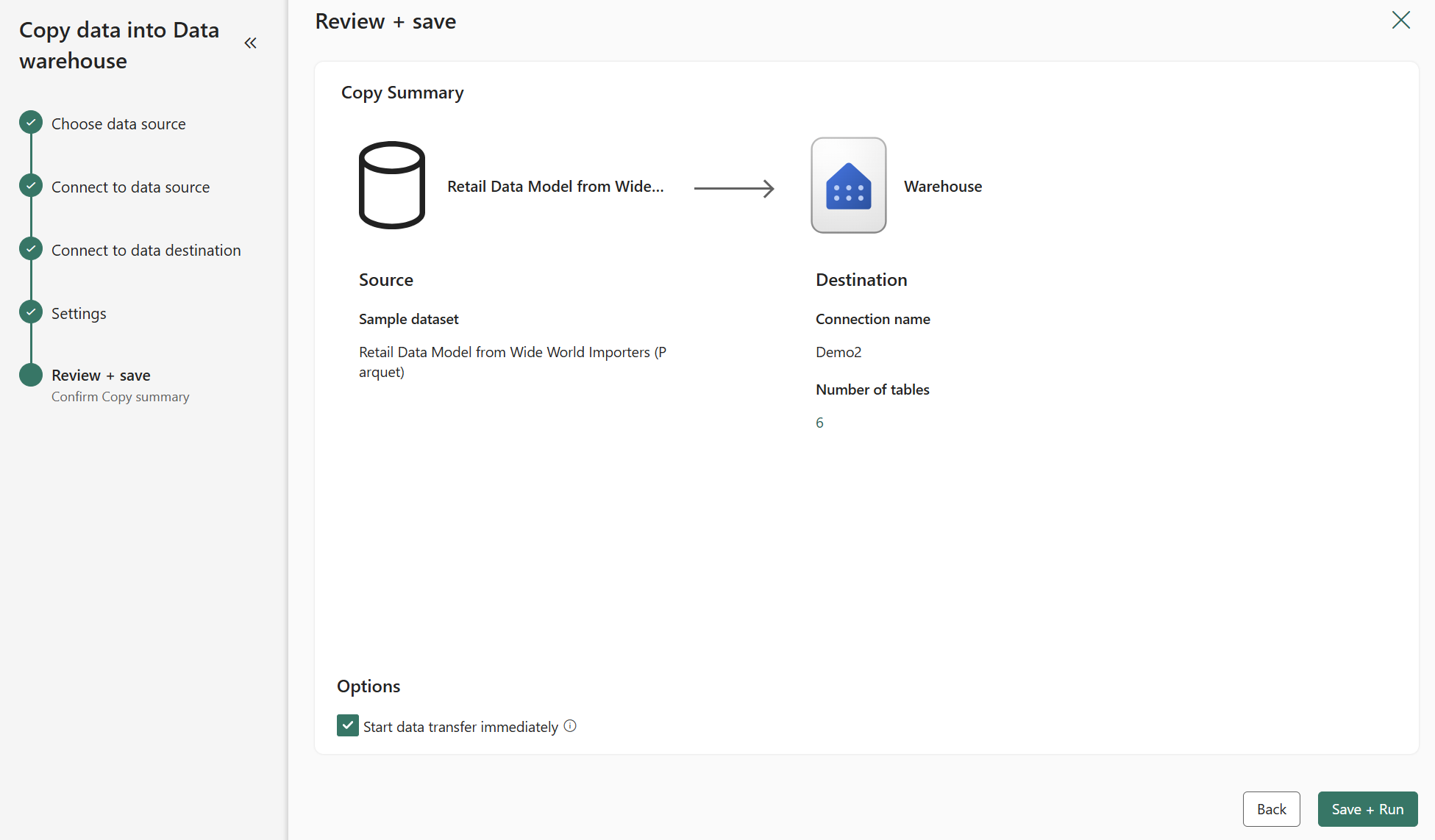 Screenshot from the Fabric portal of the Copy Data Review + Save screen.