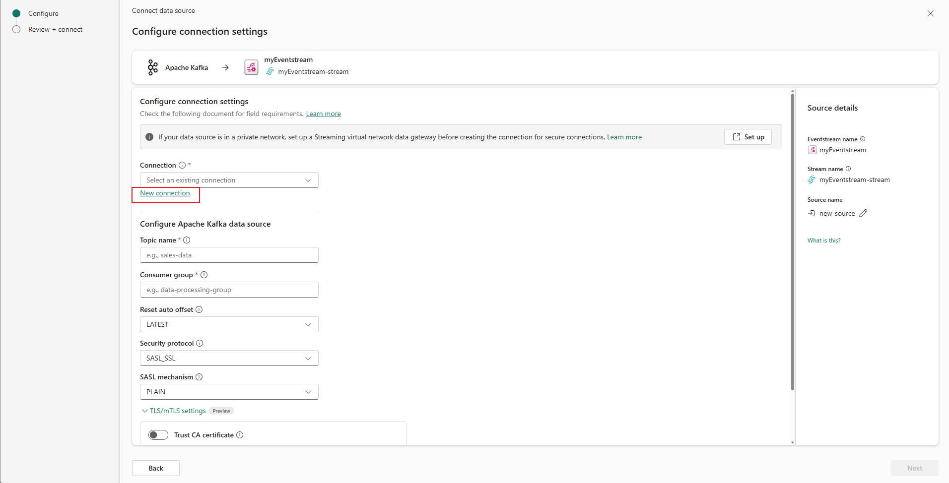 Screenshot that shows the selection of the New connection link on the Connect page of the Get events wizard.