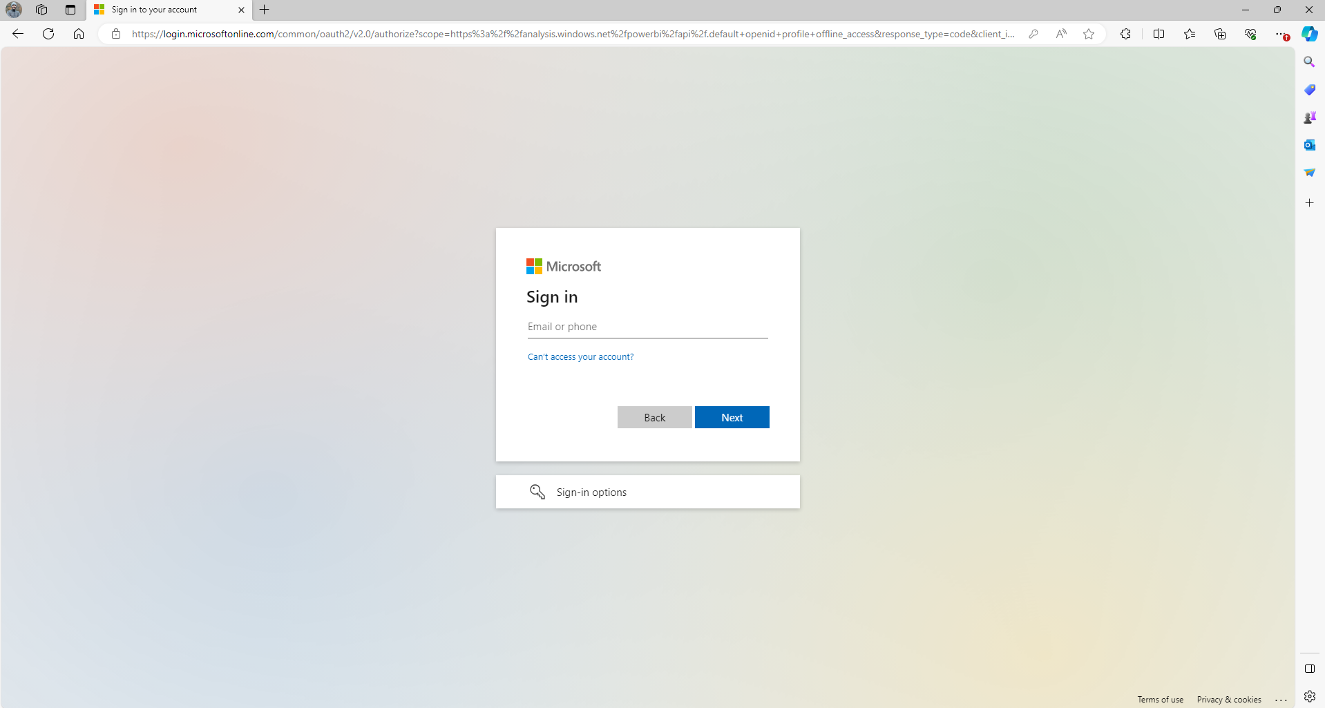 Screenshot of Microsoft sign in page.