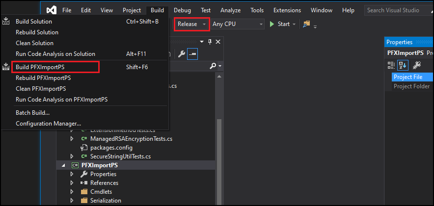 Visual Studio Build menu with Build PFXImportPS command highlighted