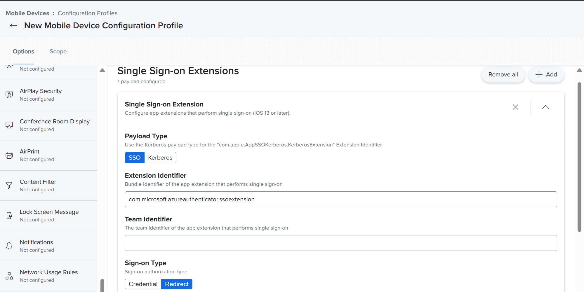 Screenshot that shows the Jamf Pro portal and the payload type, extension identifier, team identifier, and SSO type settings for iOS/iPadOS devices.