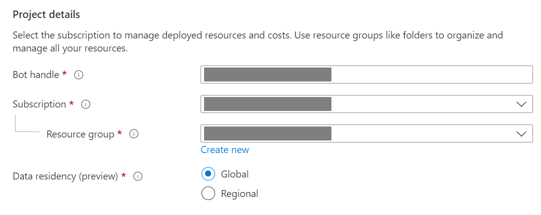 Screenshot of the Azure Bot project details configuration page showing subscription, resource group, and region settings.