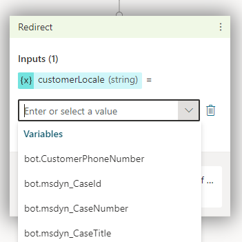 Screenshot of setting the response for the Set customer locale and handoff to Dynamics 365 Customer Service action.