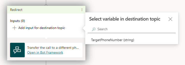 Screenshot of adding a Transfer the call to a different phone number action to a node in Copilot Studio.