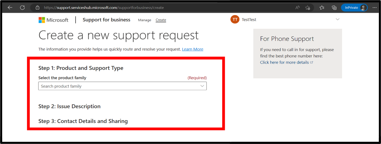 Screenshot that shows the Create a new support request screen with Step 1: Product and Support Type highlighted.