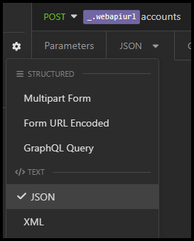Screenshot of the Body tab dropdown with JSON selected from the text group.