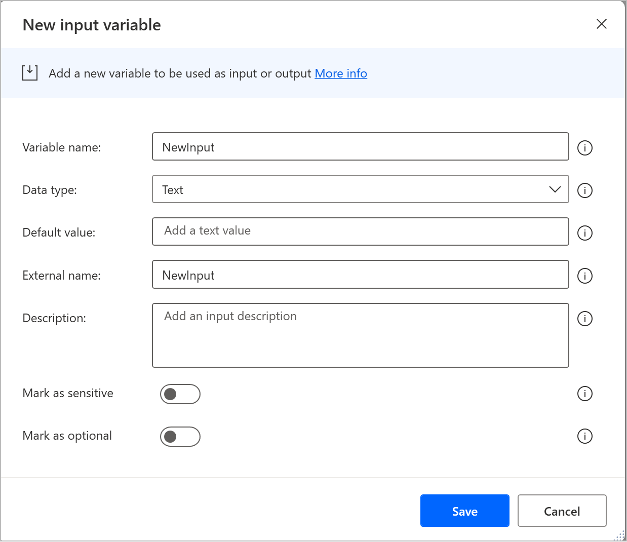 Screenshot of the dialog to create a new input variable.