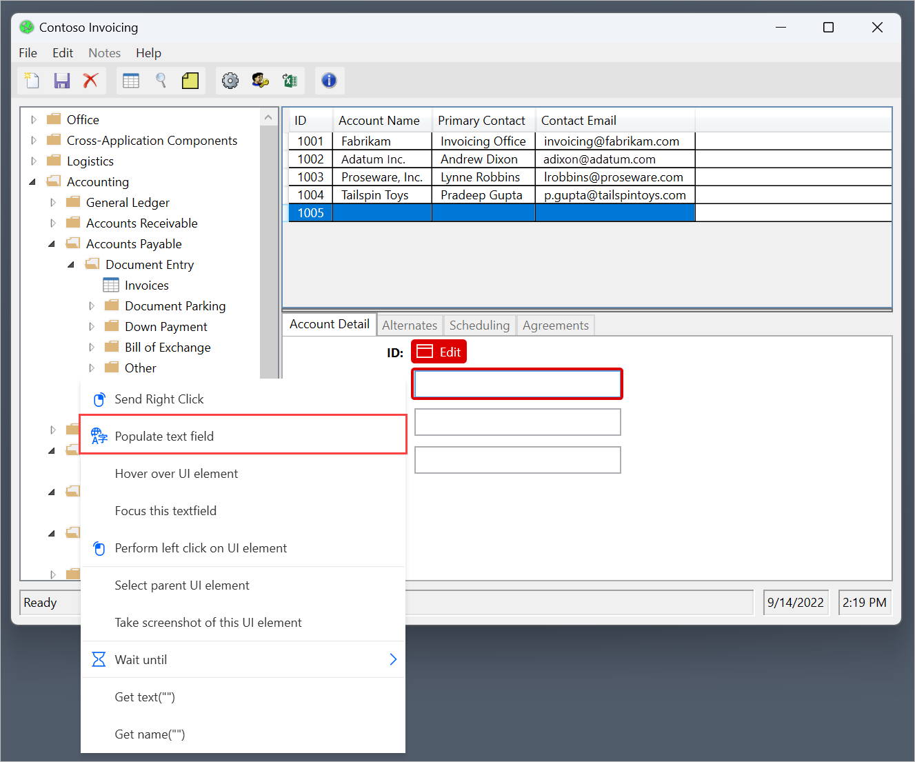 Screenshot of the Populate text field menu option. Screenshot of the Populate text field menu option.