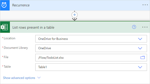 Screenshot of Location, Document Library, File, and Table fields in the List rows present in a table card.