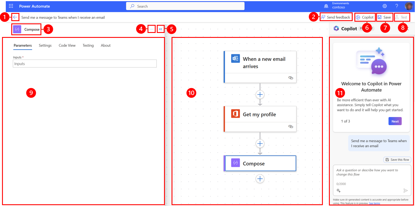 Screenshot of the cloud flows designer with Copilot.