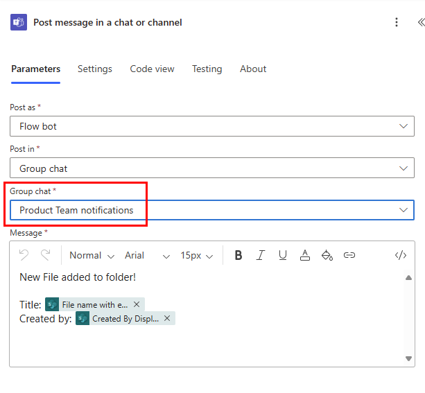 Screenshot showing a Post a message in group chat.