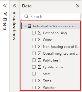 Screenshot of the Data pane, showing the list of selected tables.