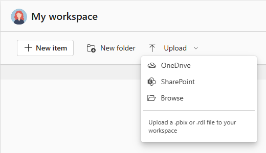Screenshot that shows the options in the Upload menu in My Workspace.