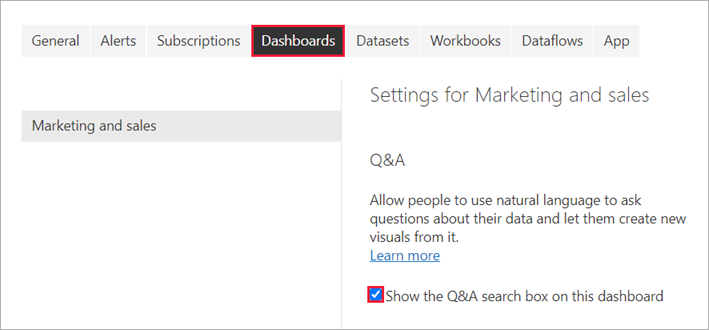 Screenshot of Settings Dashboards enabling Q&A settings for dashboard.