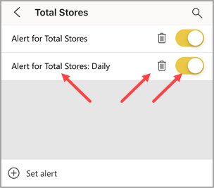 Screenshot of an alert, pointing to the alert name, garbage can to delete the alert, and slider to turn the alert off.