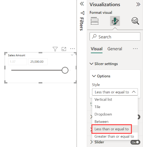 Screenshot of a visual, highlighting the Numeric range slicer set to Less than or equal to.