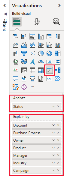 Screenshot shows the visualizations panel with analyze and Explain by fields.