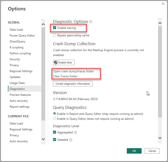 Screenshot of the Power BI Desktop Diagnostics options with Enable tracing checkbox selected.