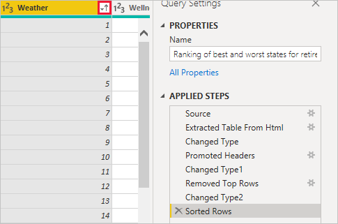 Screenshot of Power B I Desktop showing Sorted Rows appearing in Applied Steps.