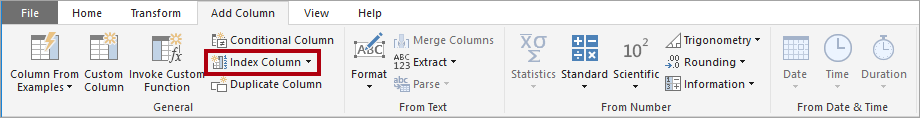 Image shows the Create index column command in Power Query Editor.