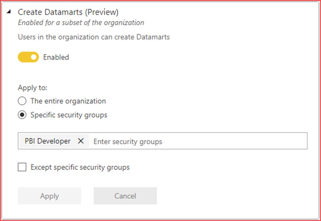 Screenshot of the admin portal to enable or disable datamarts.
