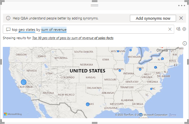 Screenshot that shows the Q&A visual map created by Power BI to display the data.