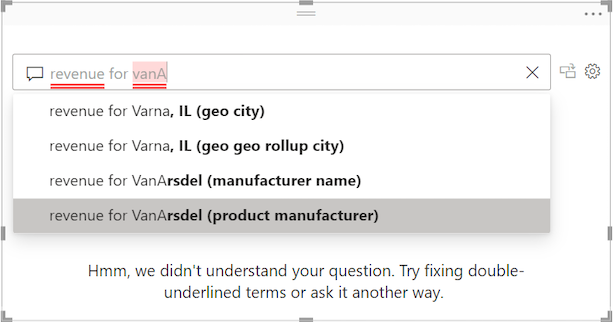 Screenshot of the Q&A question field with unrecognized words underlined in red and suggested questions from Power BI.
