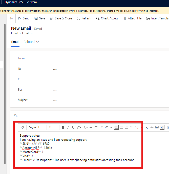 Screenshot showing the result of applying the masking rule in the body of the email.