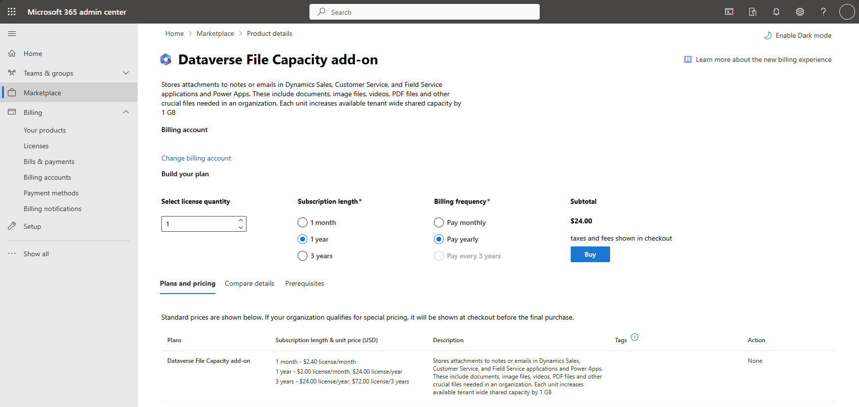 Buy Dataverse File capacity storage add-on.