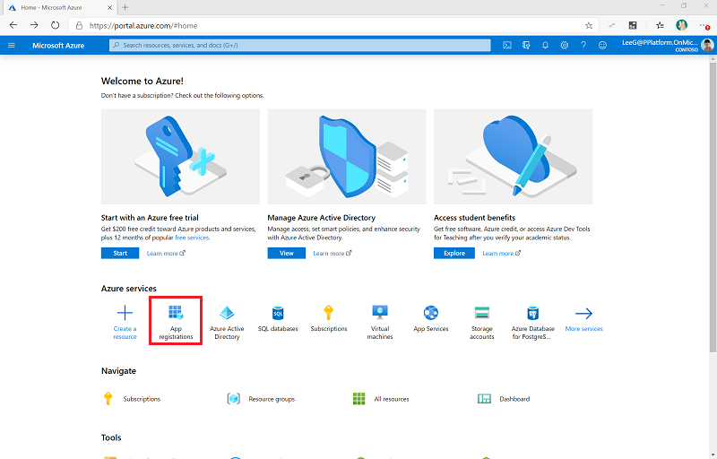 Screenshot showing the location of the App registrations Azure service.