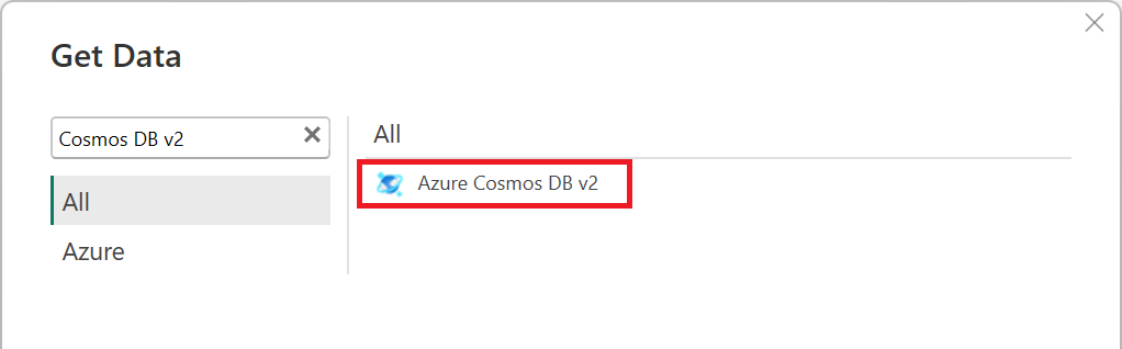 Screenshot showing Select Azure Cosmos DB v2 selection.