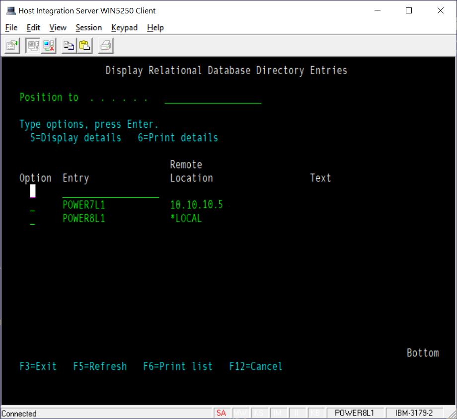 Screenshot showing the output of the Display Relational Database Directory Entries.