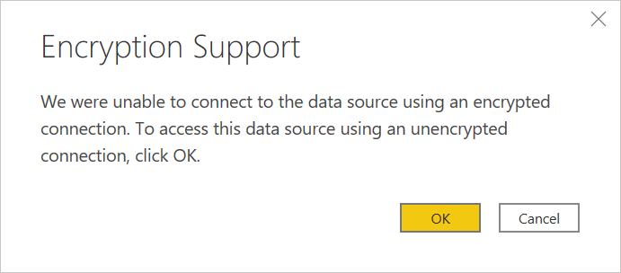 Screenshot of the Encryption support message where you can decide to use an unencrypted connection.