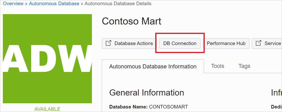 Screenshot of the Autonomous Database Results page with the DB Connection option emphasized.