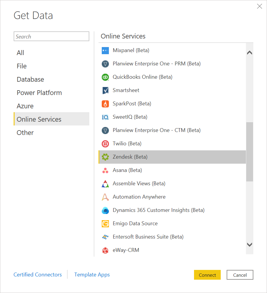 Screenshot of the Get data dialog with the Online Services category and the Zendesk connector highlighted.