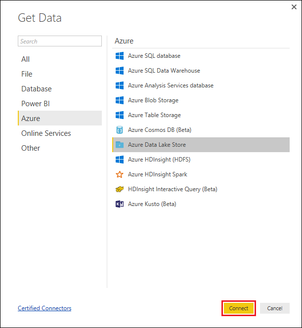 Connect to Data Lake Storage Gen1 Screenshot of the Get Data dialog box with the Azure Data Lake Store option highlighted and the Connect option called out.