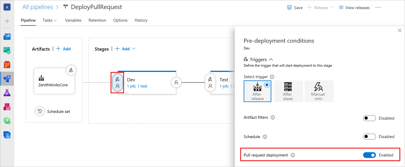 A screenshot displaying how to enable pull request deployment for a specific stage.