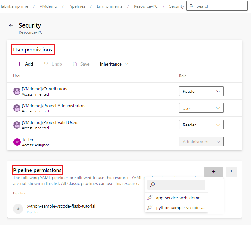 Screenshot of user and pipeline permissions.