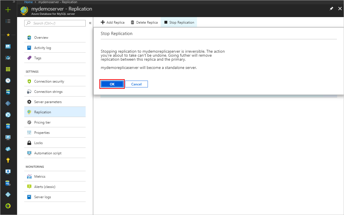 Azure Database for MySQL - Stop replication confirm