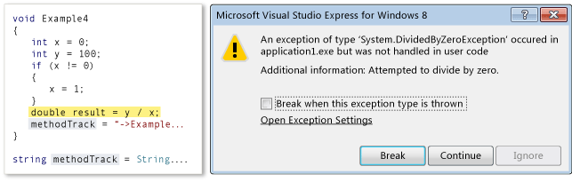 DBG_Basics_ExceptionDlg Exception dialog box