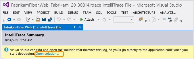 FFR_ITSummaryPageOpenSolution Open solution from IntelliTrace log