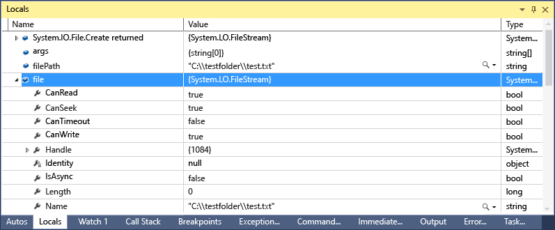 Locals-FileStream Locals-FileStream