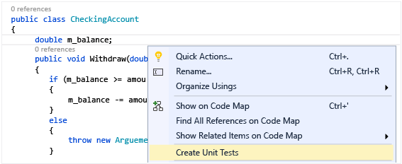 CreateUnitTestsRightClick From the editor window, view the context menu