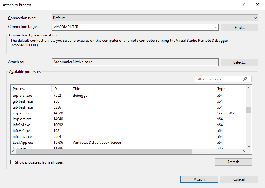 Attach to Process dialog box Attach to Process dialog box