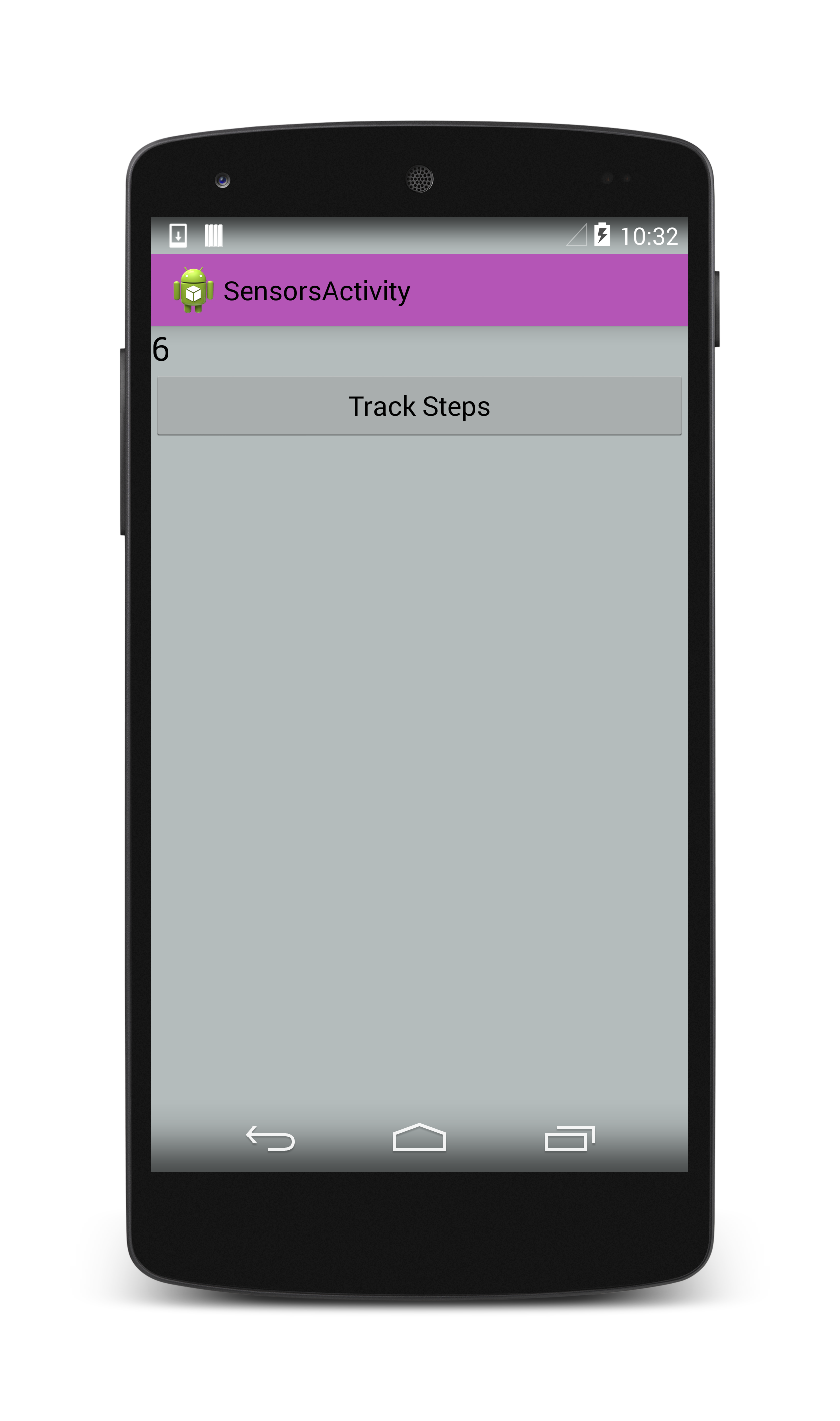 Screenshot of the SensorsActivity app displaying a step counter