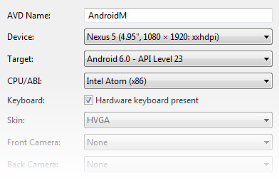 Configuring an AVD using Nexus 5 device, Android 6.0 Target, and Intel Atom (x86)